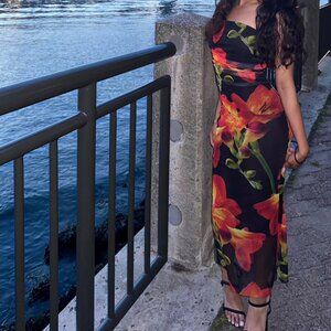 Zara Strapless Tulle Midi Dress Floral Black Red Size Large